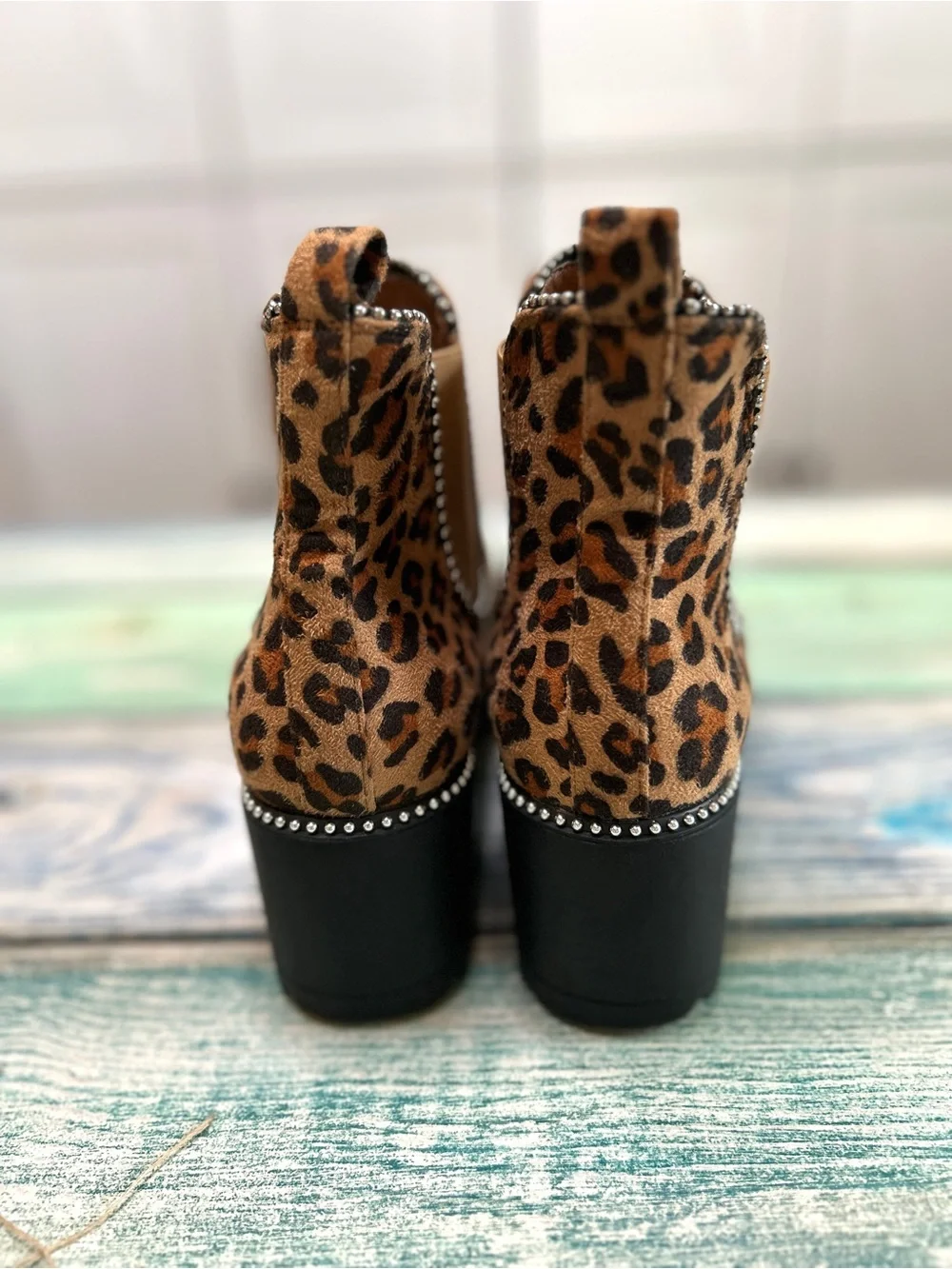 Tinstree Leopard Platform Chelsea Ankle Boots | Rhinestone Trim | NWOT - Picture 4 of 8